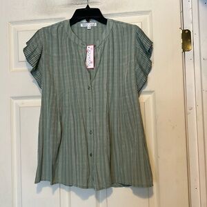 Joy Joy Green Striped Flutter Sleeve Blouse Size XS